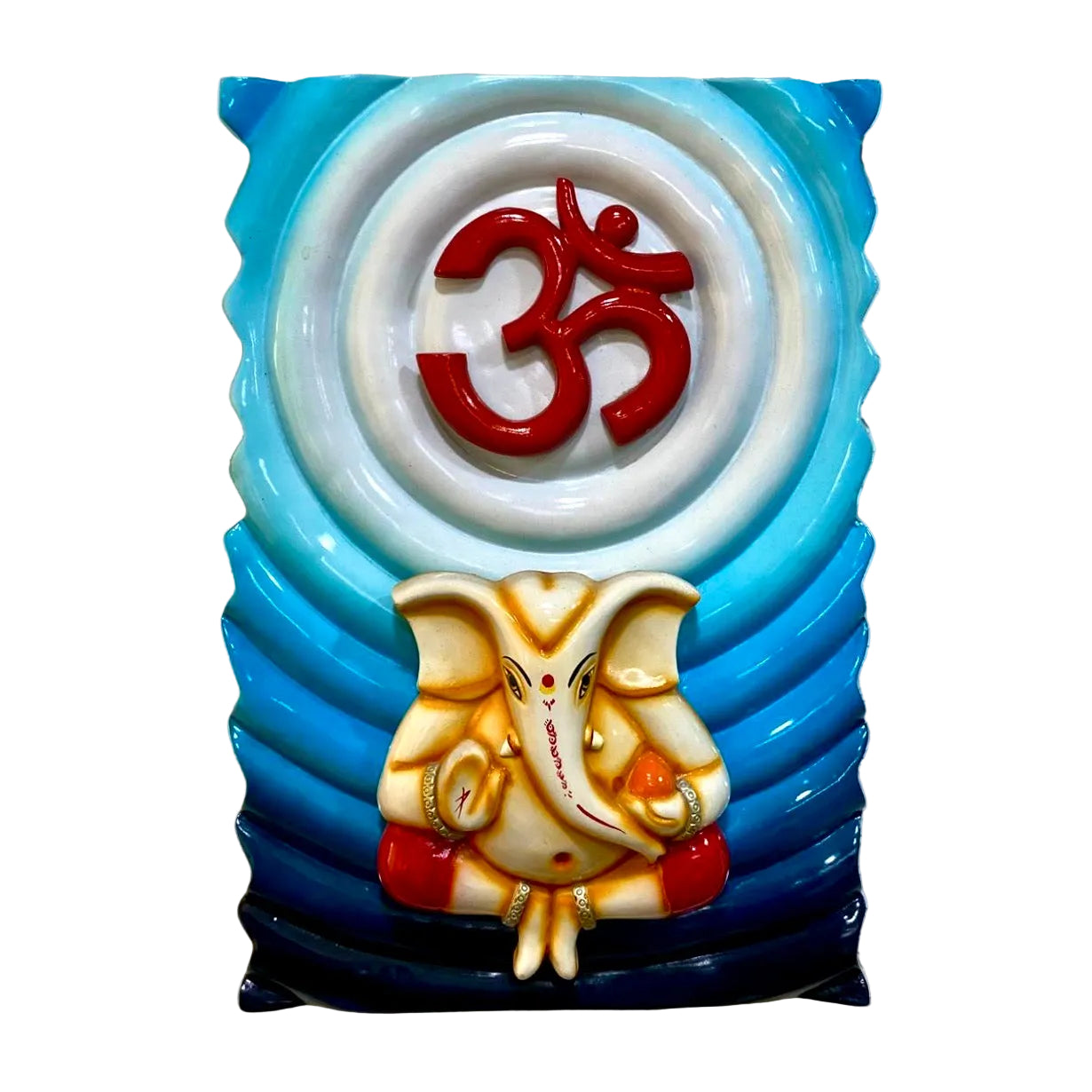 Decorative wall plaque with red 'Om' symbol and Ganesha figure on a textured white background