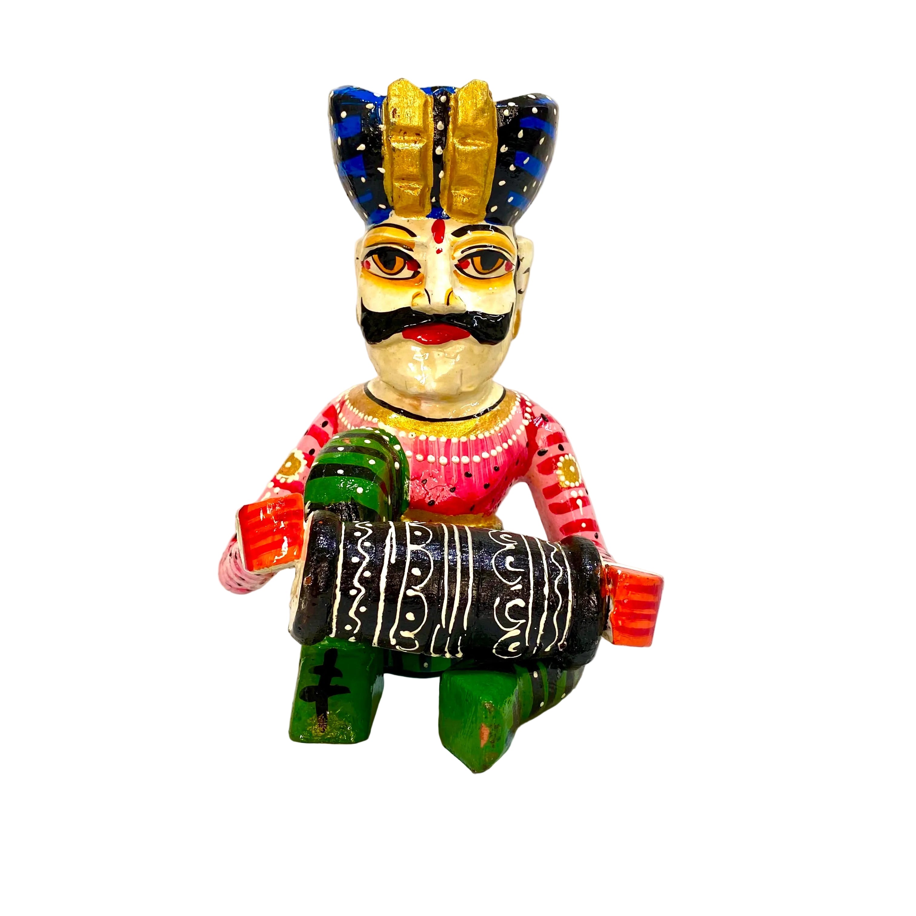 A hand-painted wooden folk art figurine of a traditional Indian dancer holding a mace, set against a plain white background.