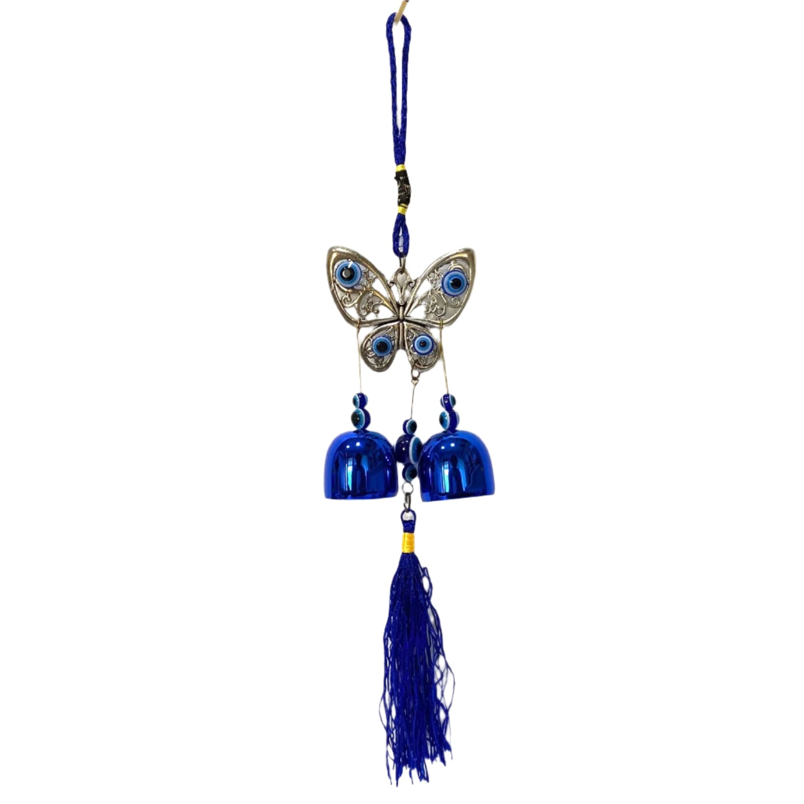Butterfly-shaped ornament with blue bells and tassel on a white background