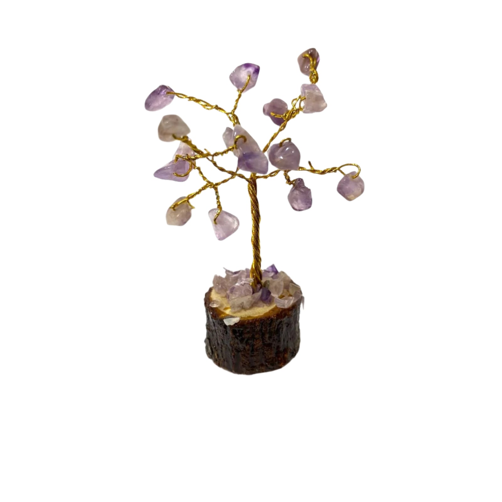 Crystal tree with purple stones on a wooden base against a white background