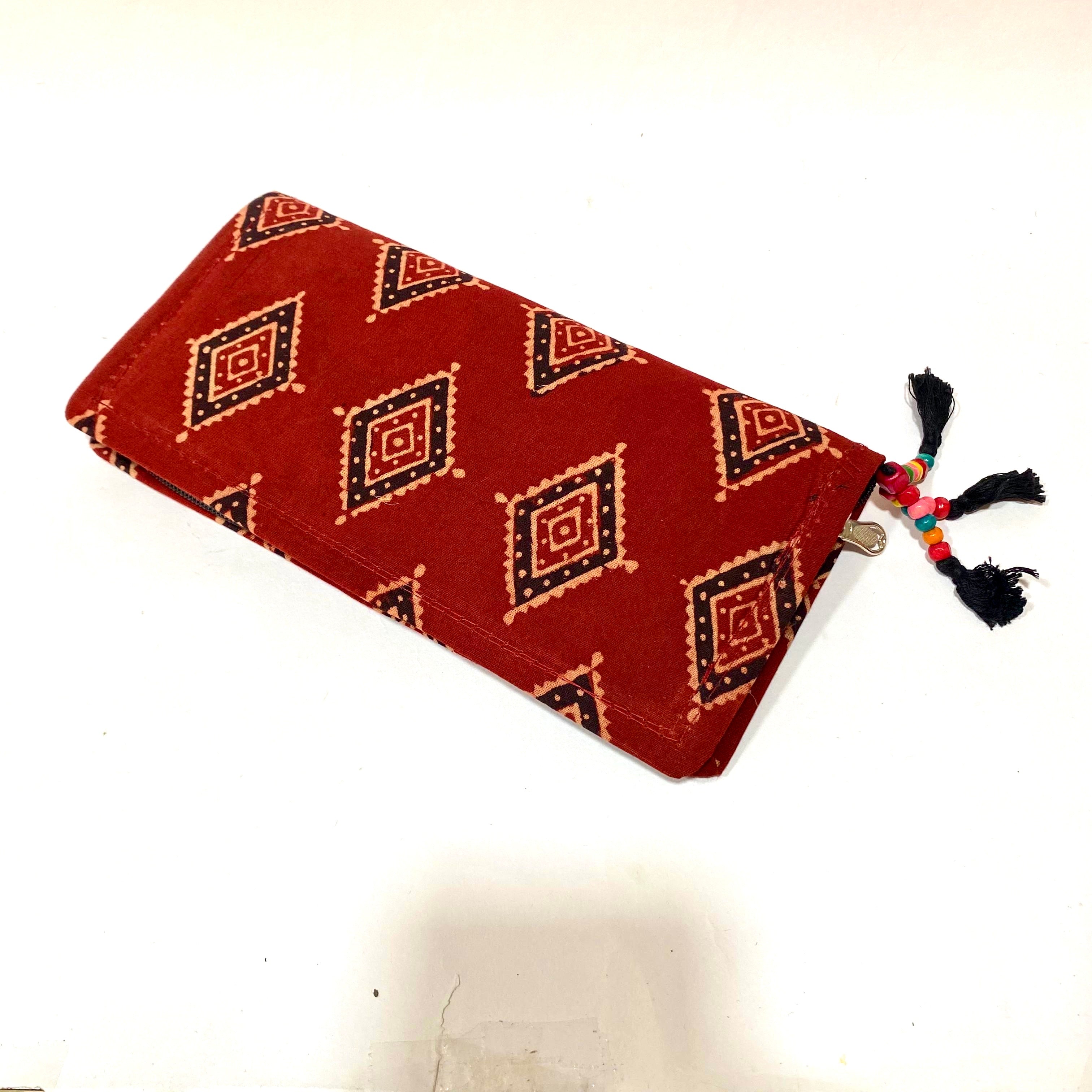 Cotton Embroidery Block Print Purse With Mirrors Styled With Beads By Tamrapatra