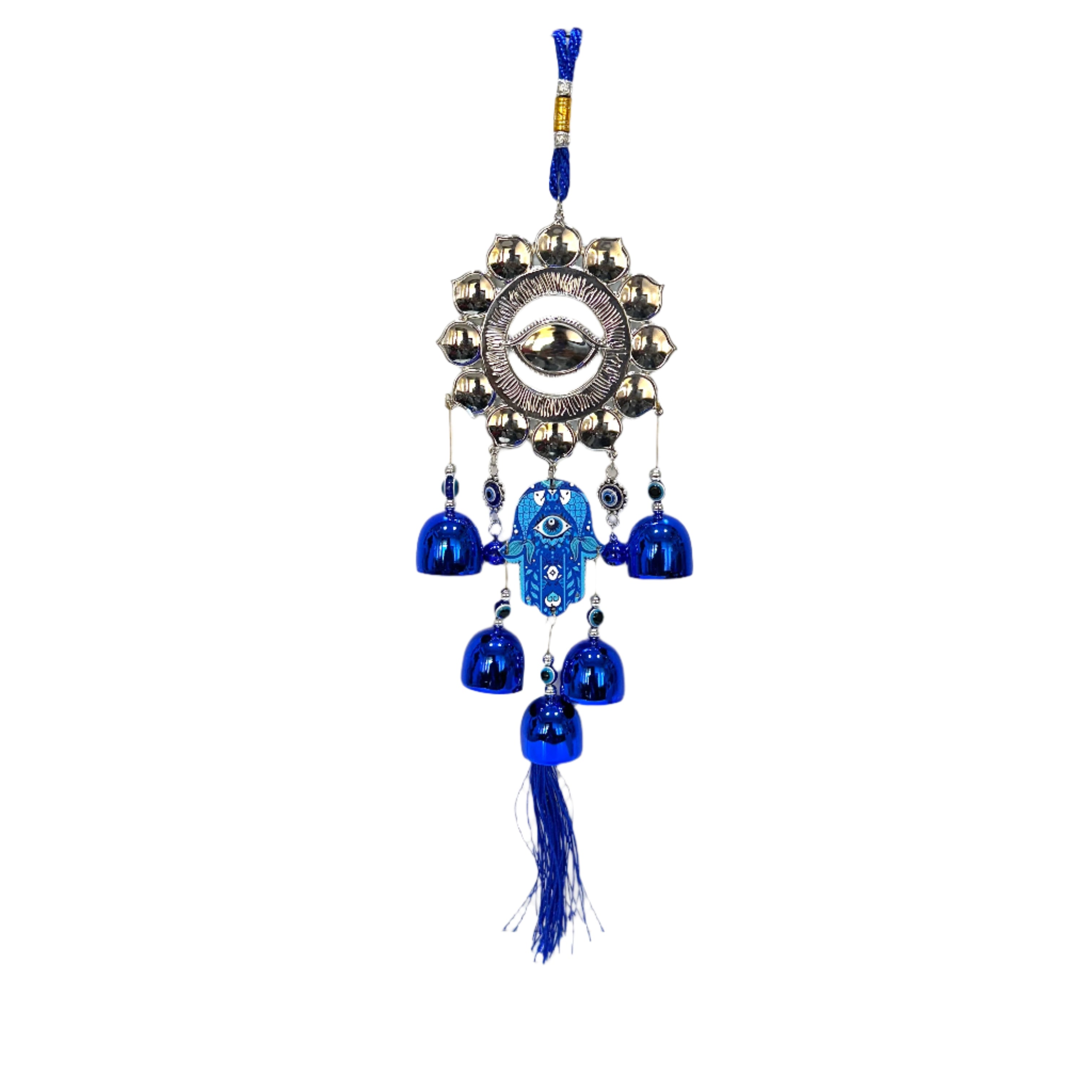 Decorative hanging ornament with blue beads and tassel on a white surface