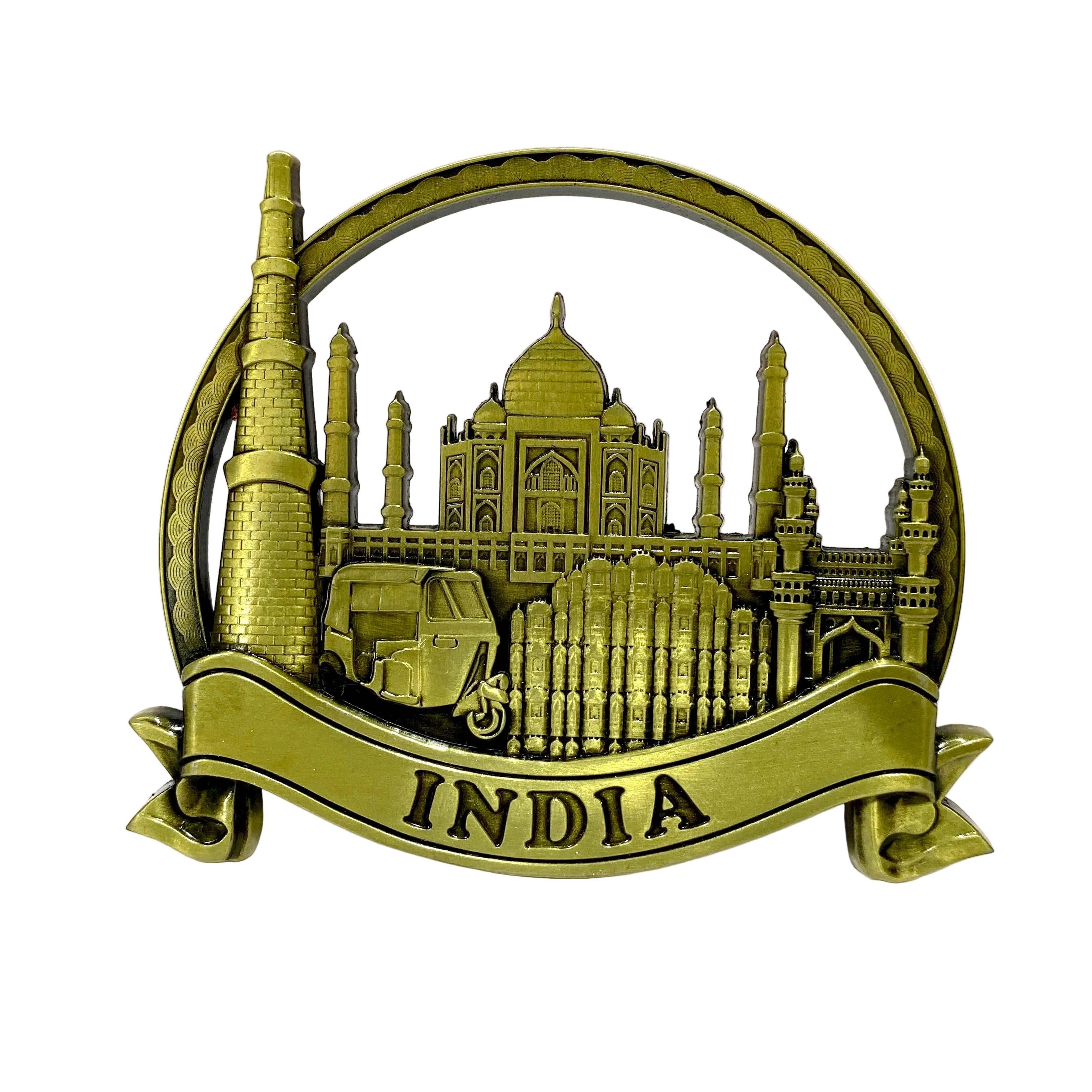 Gold-colored decorative plaque with the Taj Mahal and the word 'India' on a white background