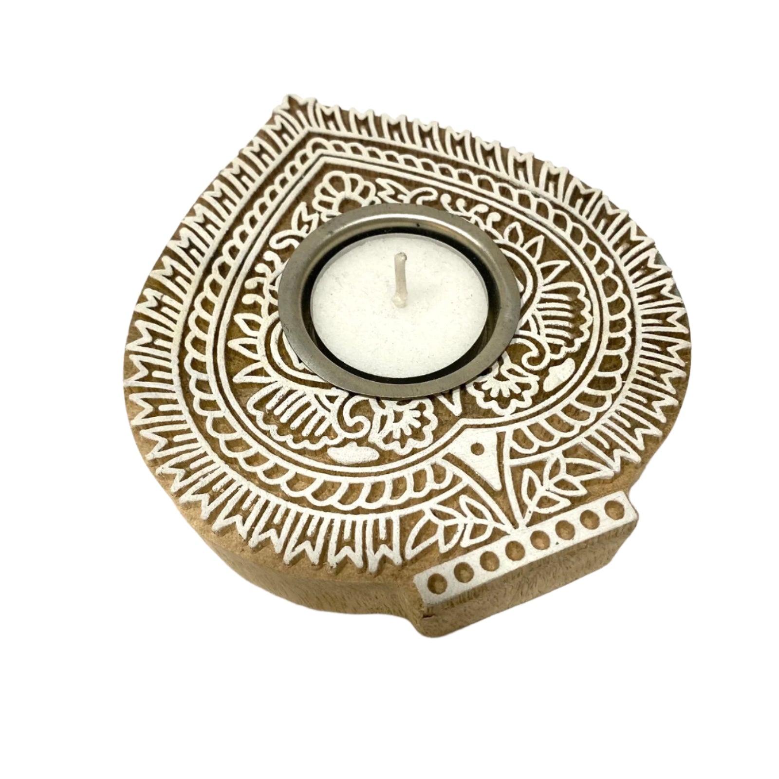 Decorative candle holder with intricate patterns on a white background