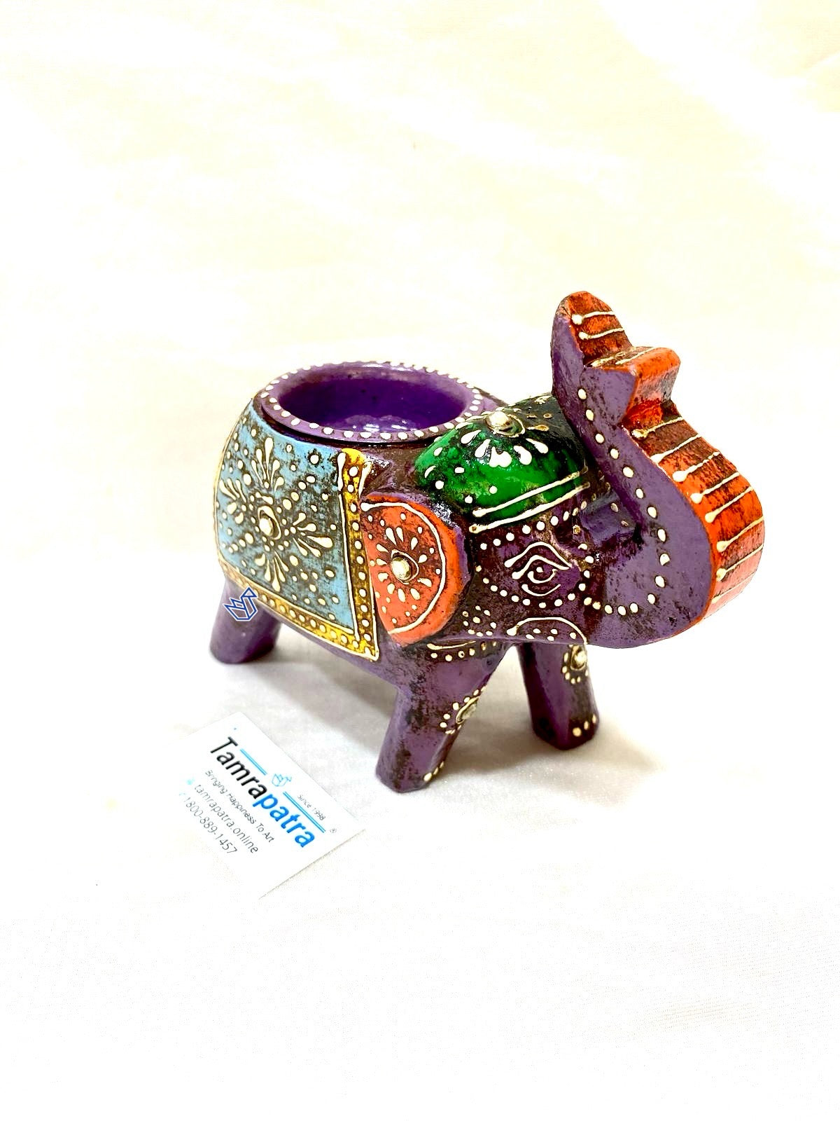 Elephant Tea Light Holder Hand Painted & Carved Wood Collection By Tamrapatra