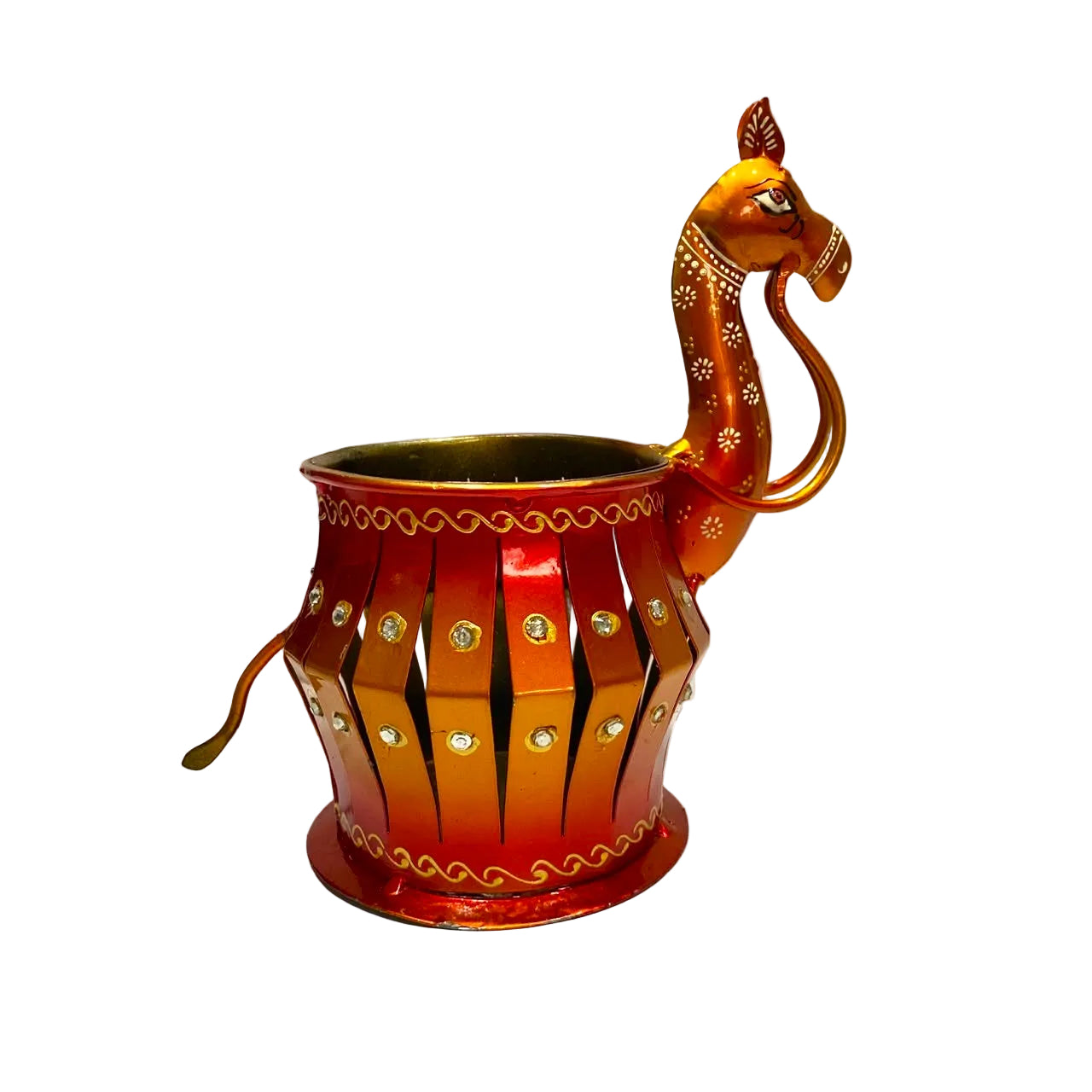 A decorative metallic cup with a camel-shaped handle, featuring a red and gold gradient finish, intricate cutout patterns on the body, and small circular embellishments, set against a plain white background.