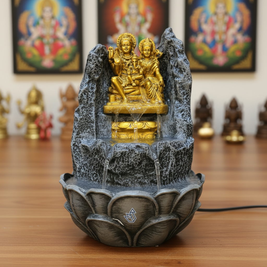 Decorative water fountain with golden figures on a wooden surface