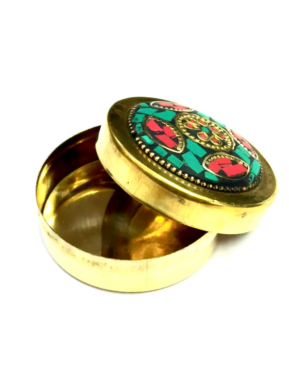 Brass Gemstone Art Dibbi For Storage Of Jewelry Gifting Handcrafted Tamrapatra