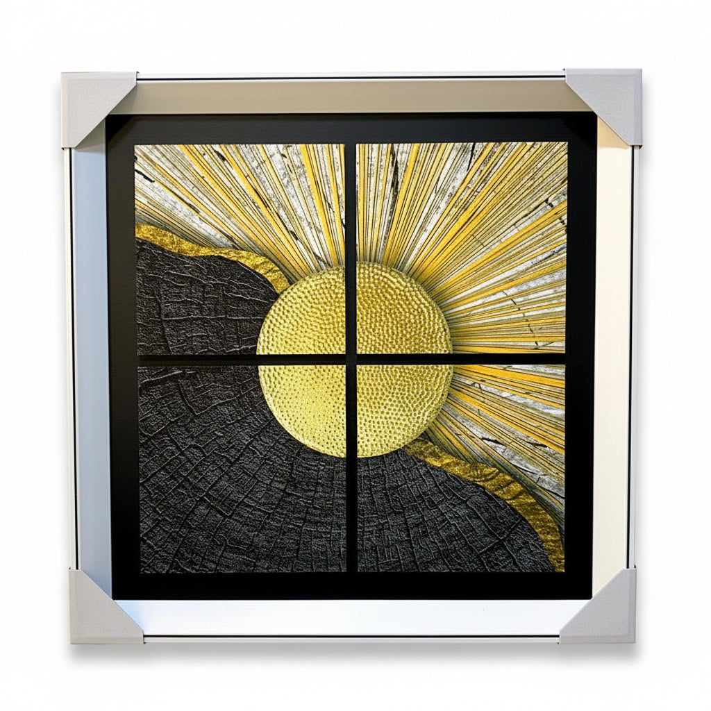 Decorative wall art with a sun design in a black frame on a textured wall.