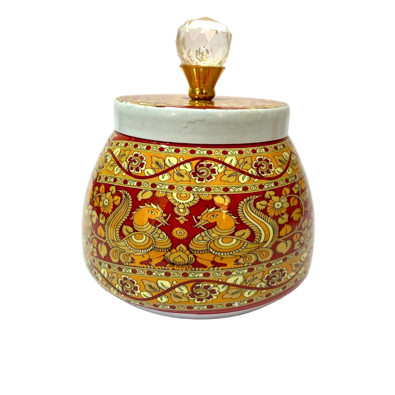 Decorative jar with intricate gold patterns on a white background