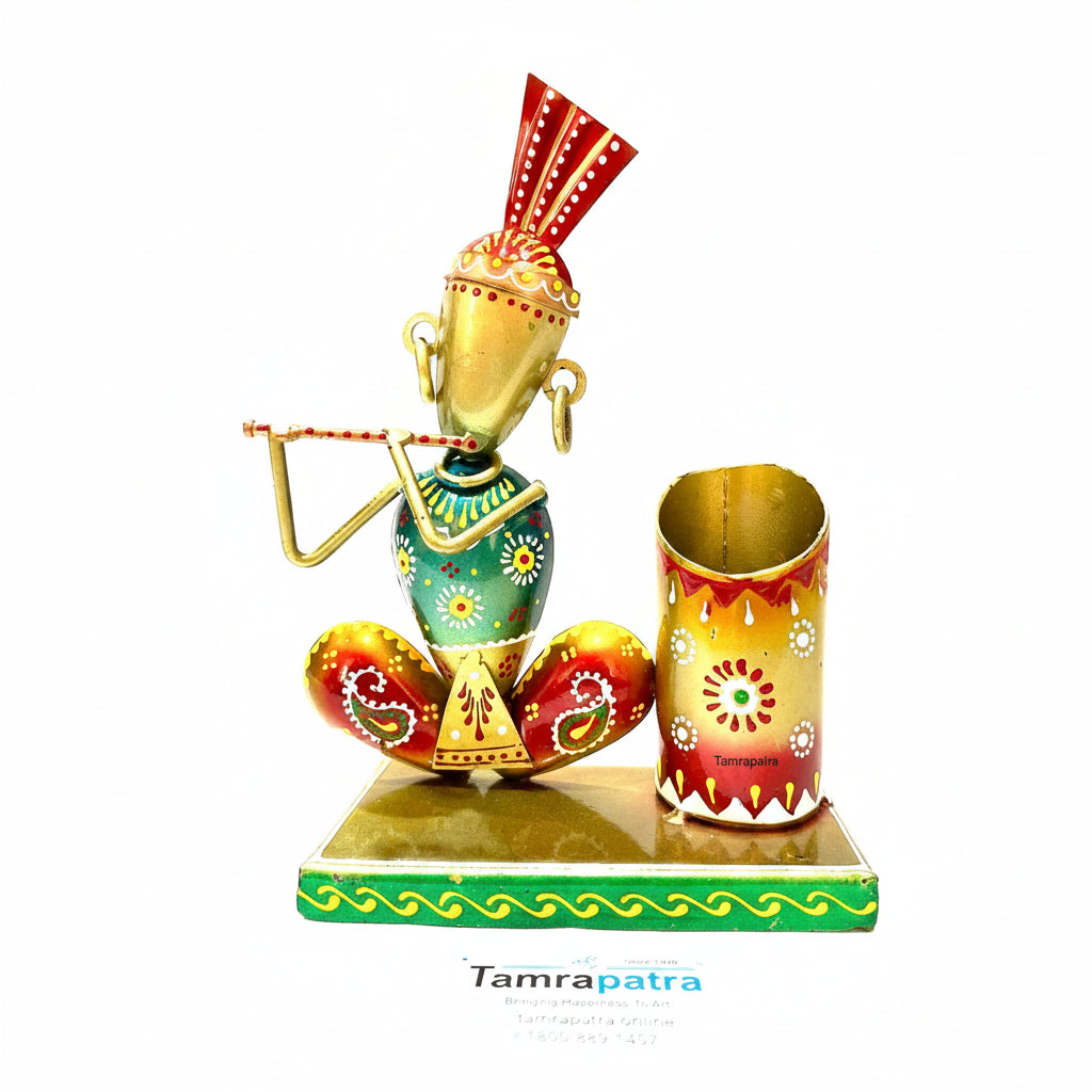 Man Style Playing Flute Pen Holders Classy Utility Décor Handicrafts From Tamrapatra - Tamrapatra