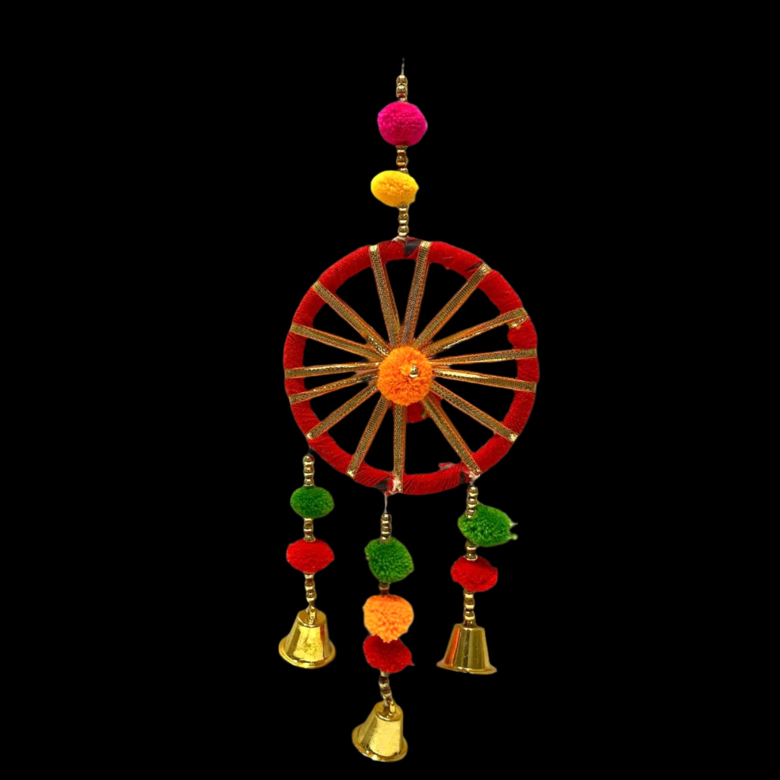 Decorative hanging wheel with colorful pom-poms and bells on a textured white background