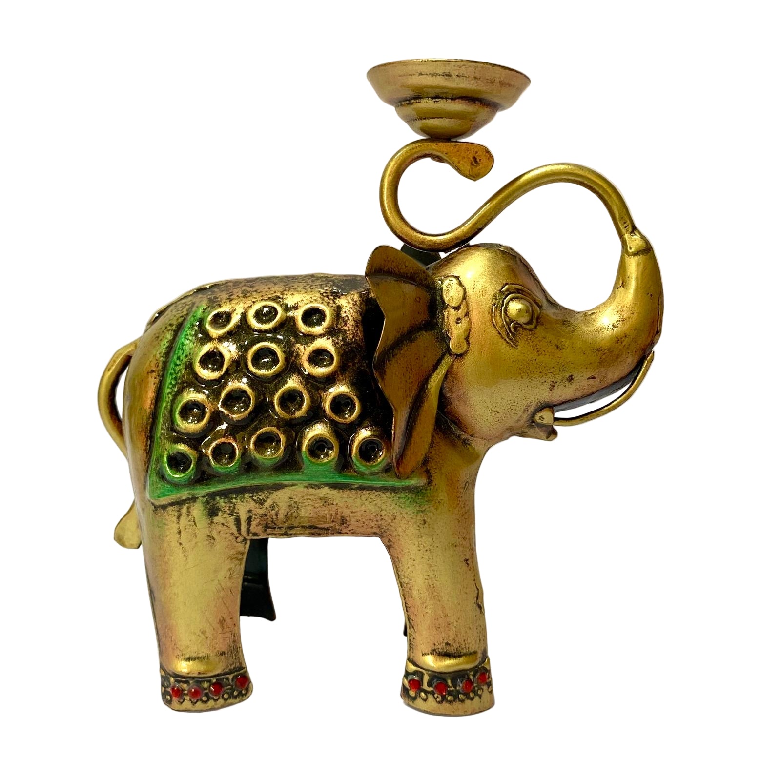 Decorative brass elephant with a green back and red accents on a white background