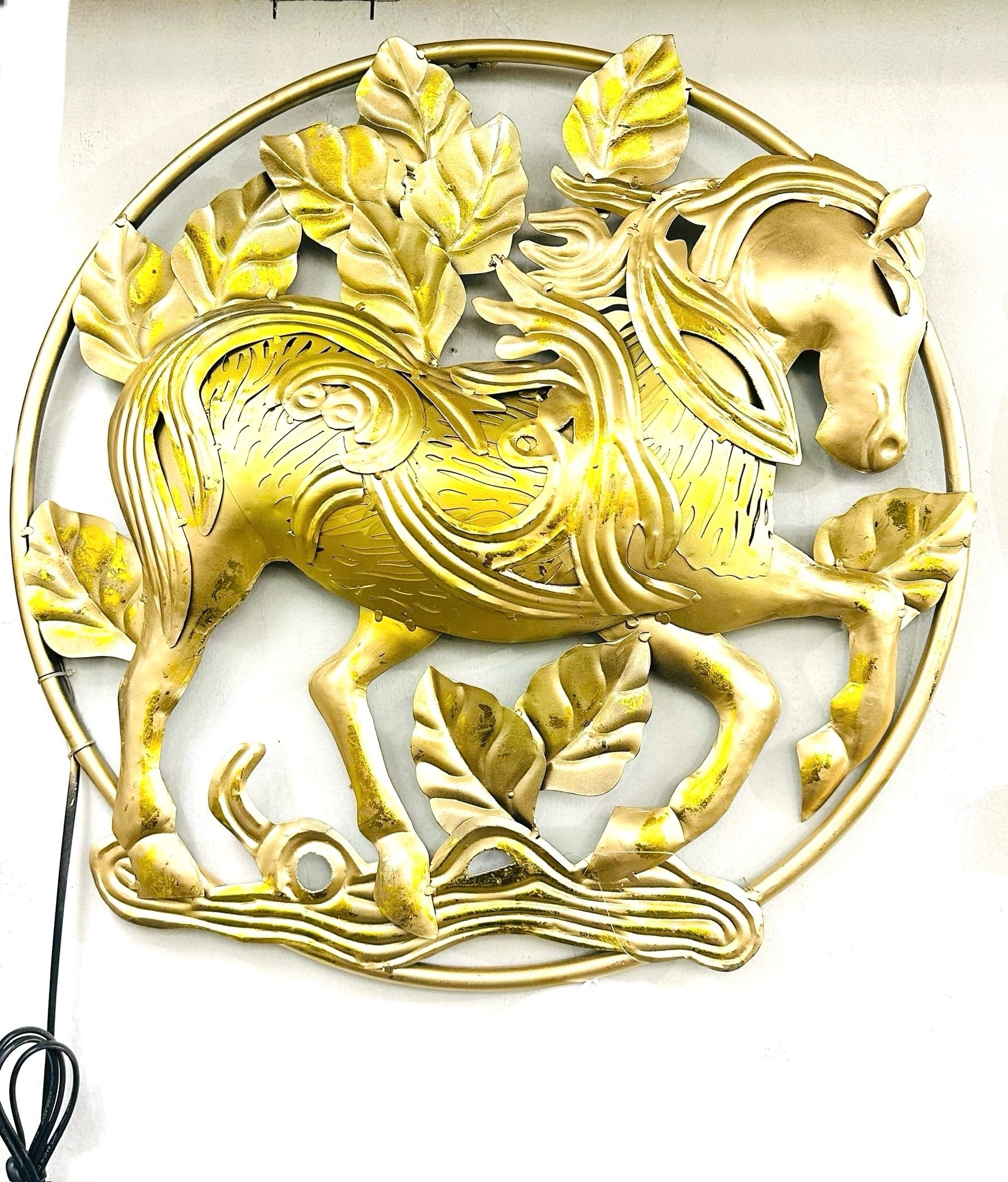 Elegant Horse In Ring Wall Art Gold Painted With LED By Skilled Artisans Tamrapatra