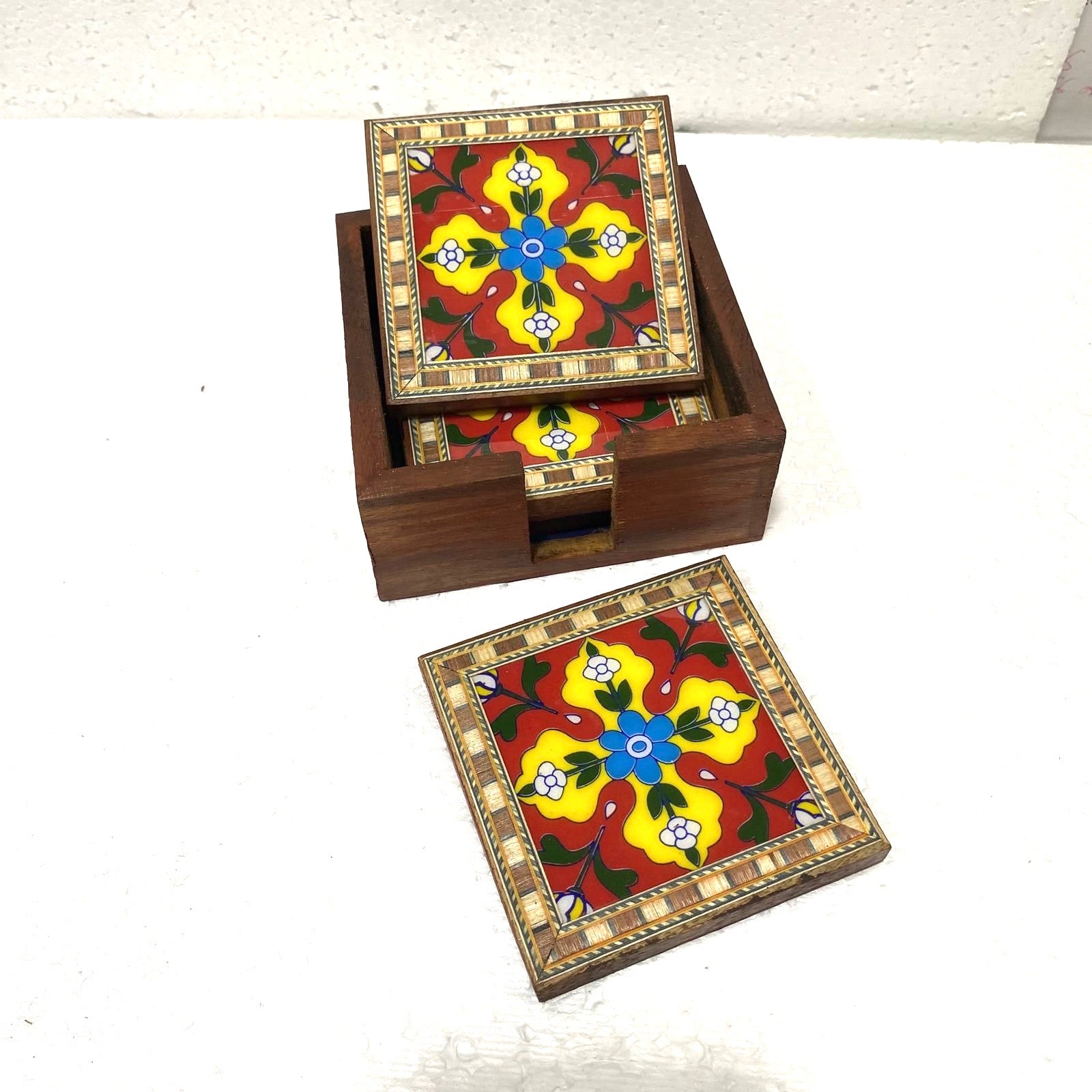 Blue Pottery Tile Fitted Tea Coaster Made With Wood Tableware Tamrapatra