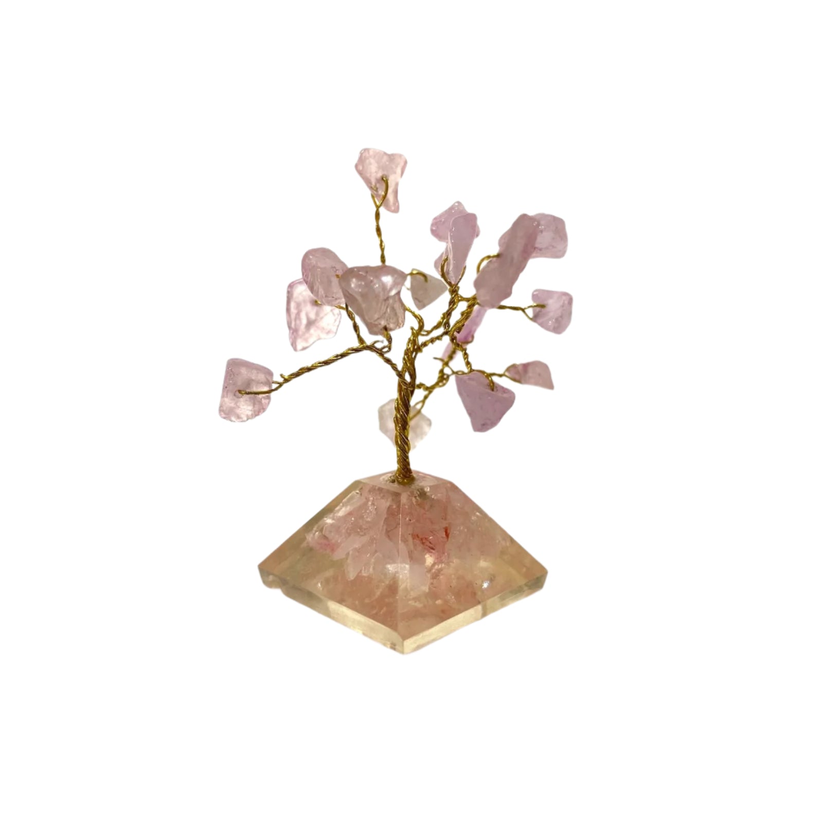 Crystal tree on a hexagonal pink crystal base with a white background