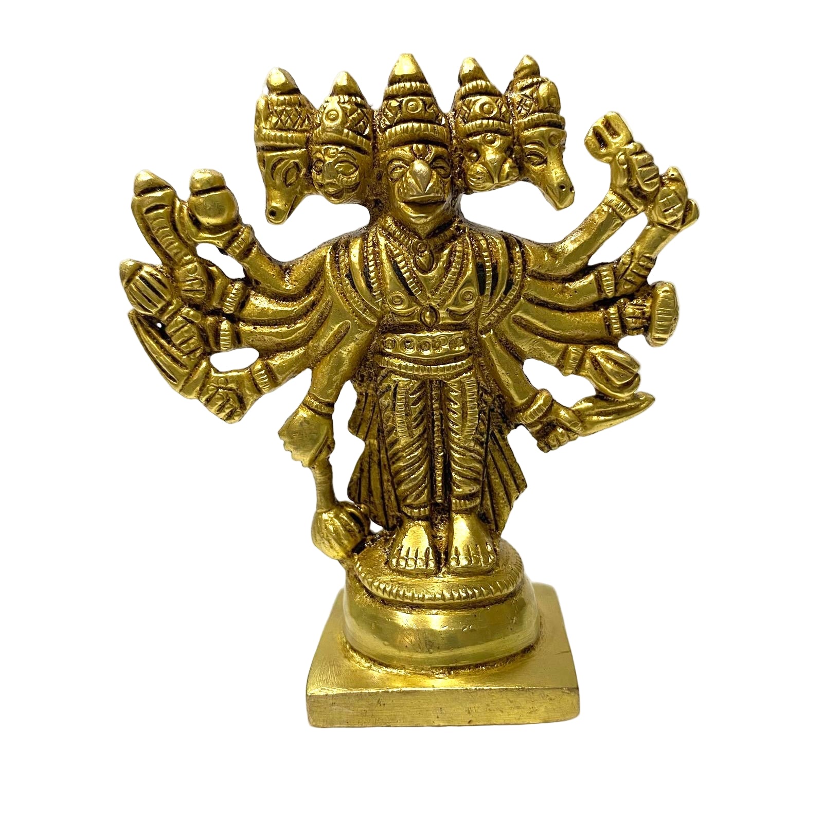 Brass statue of a multi-armed deity on a white background