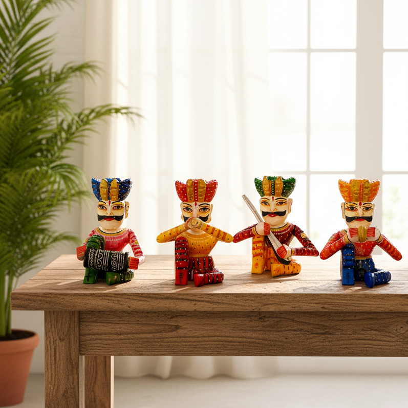 Hand Painted Various Wooden Musical Man With Indian Attire Decor By Tamrapatra