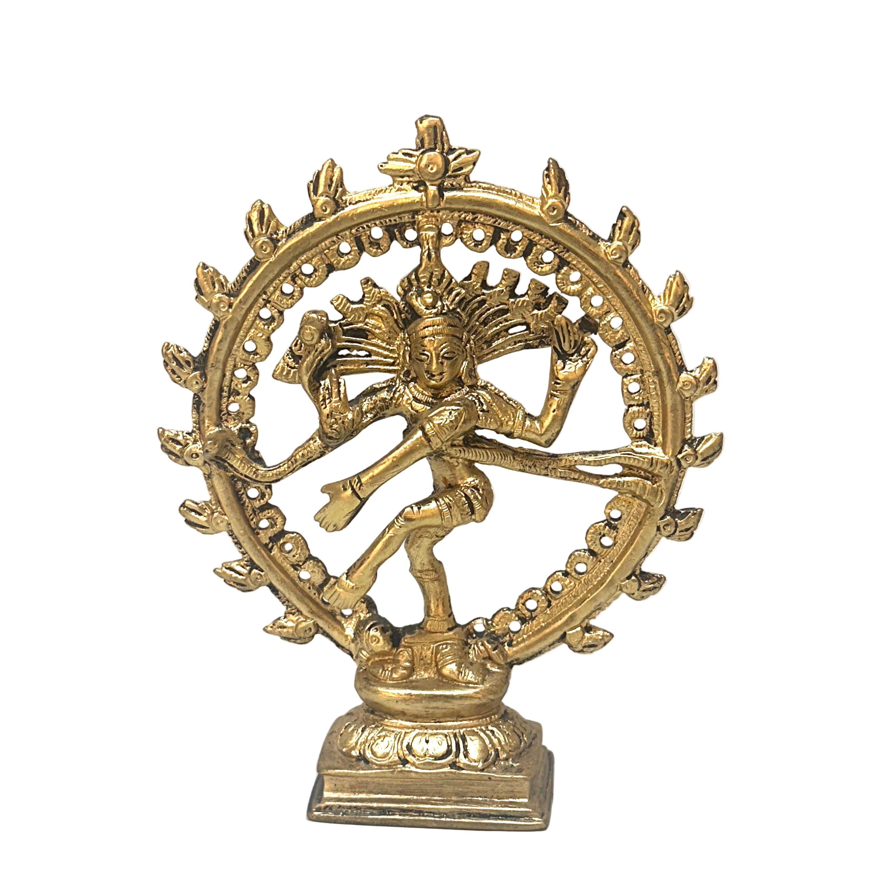 Bronze statue of a dancer with a circular design on a white background
