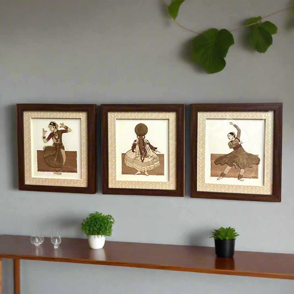 Three framed artworks of a dancer on a white background