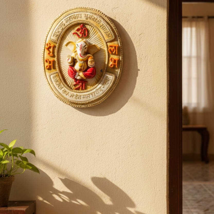 Ganesh Mantra With Yellow Accent Exclusive Frames With Shubh Labh Tamrapatra - Tamrapatra