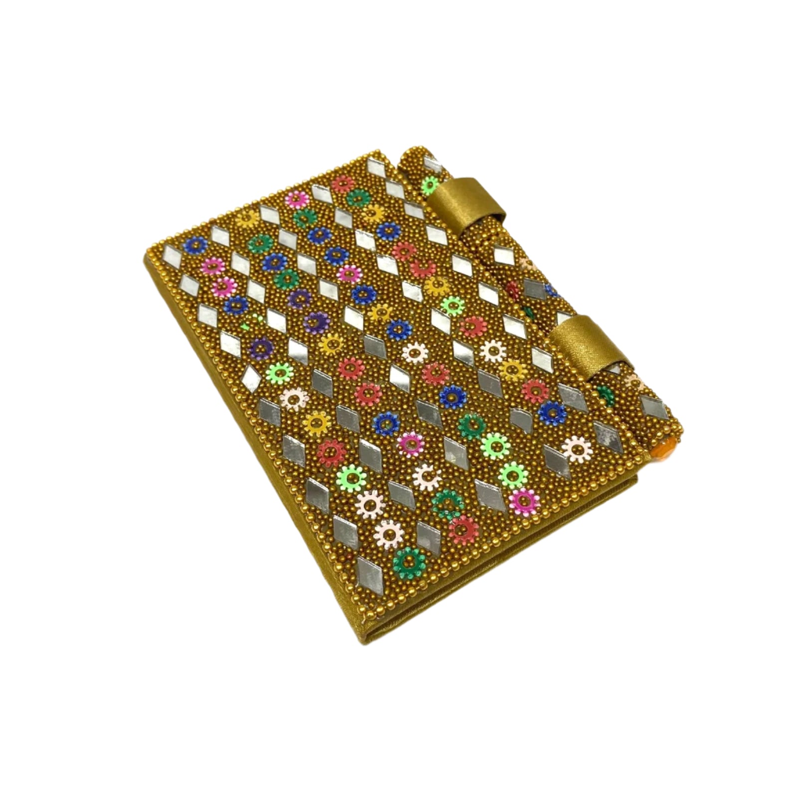 Decorative clutch with floral patterns on a white background