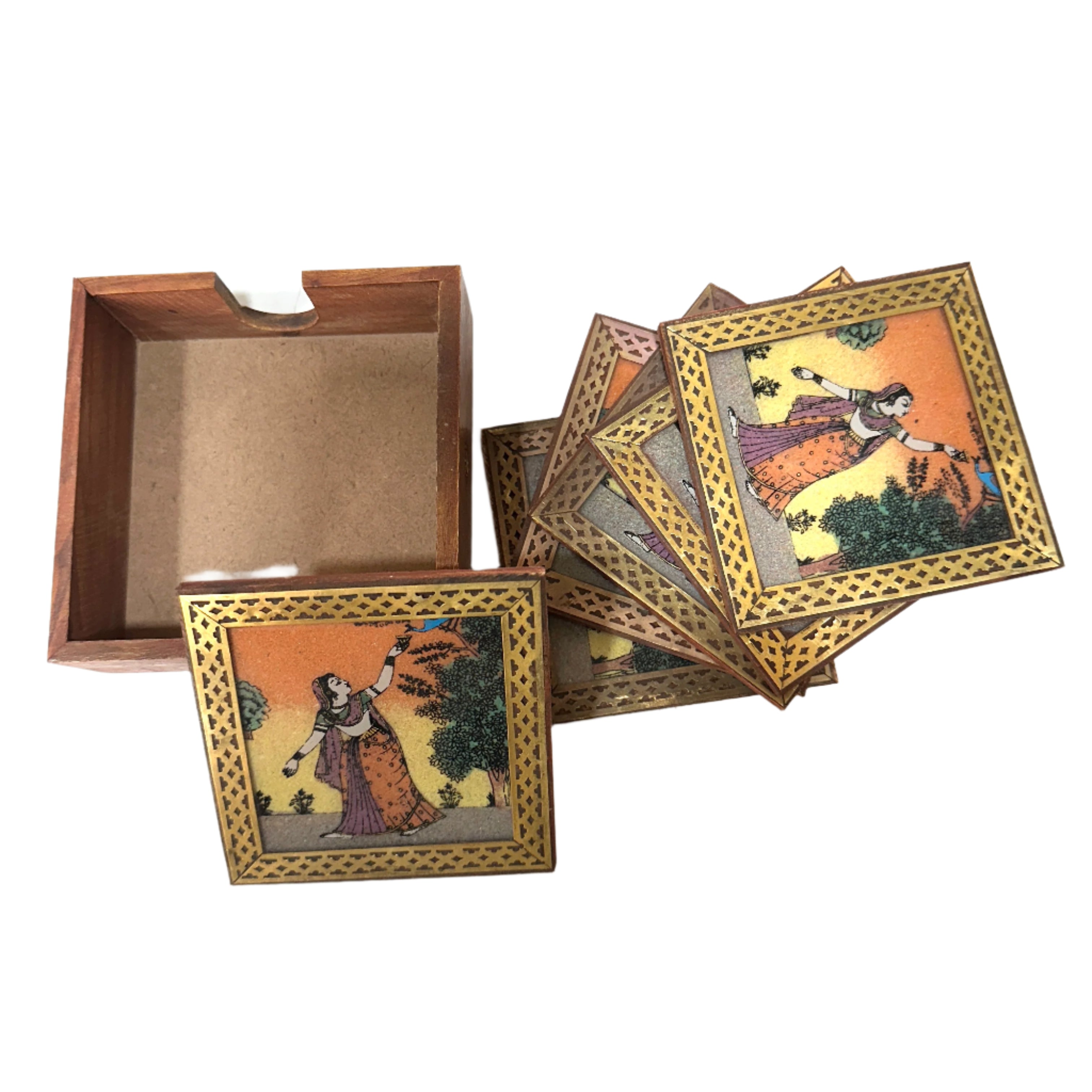 Wooden boxes with artistic designs on a white surface