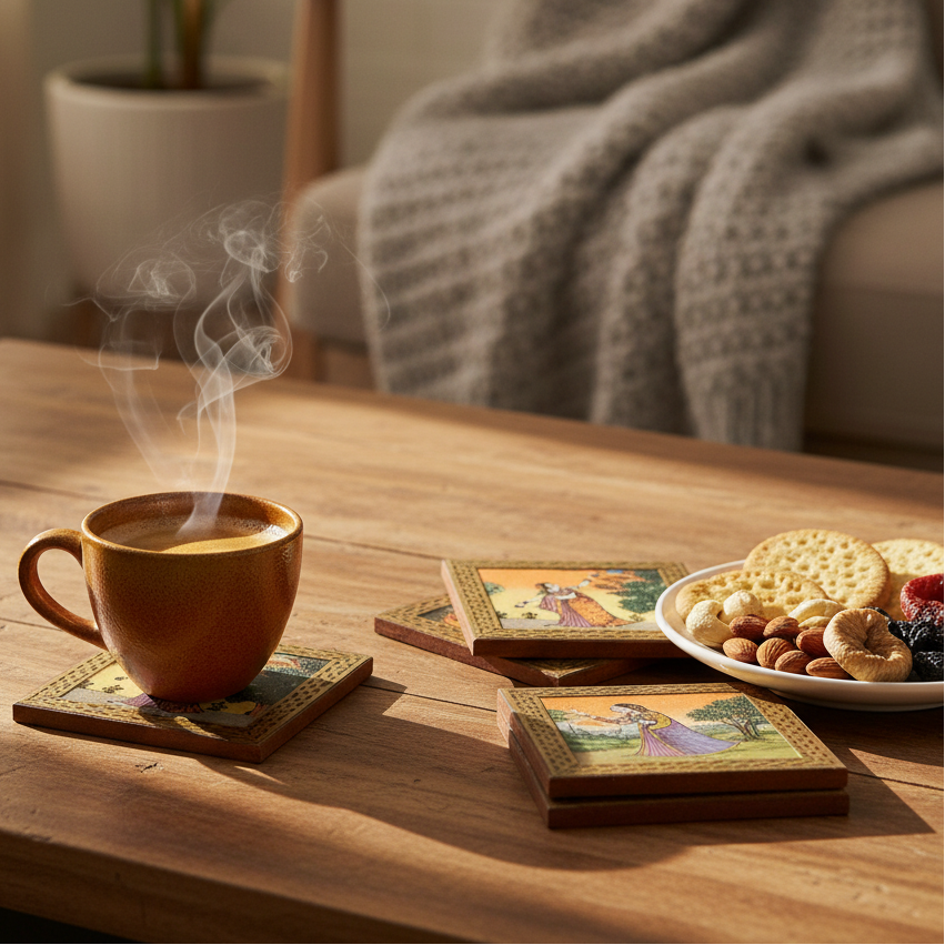 Famous Indian Art Showcased On 6 Tea Coasters Wooden Crafts Utility By Tamrapatra