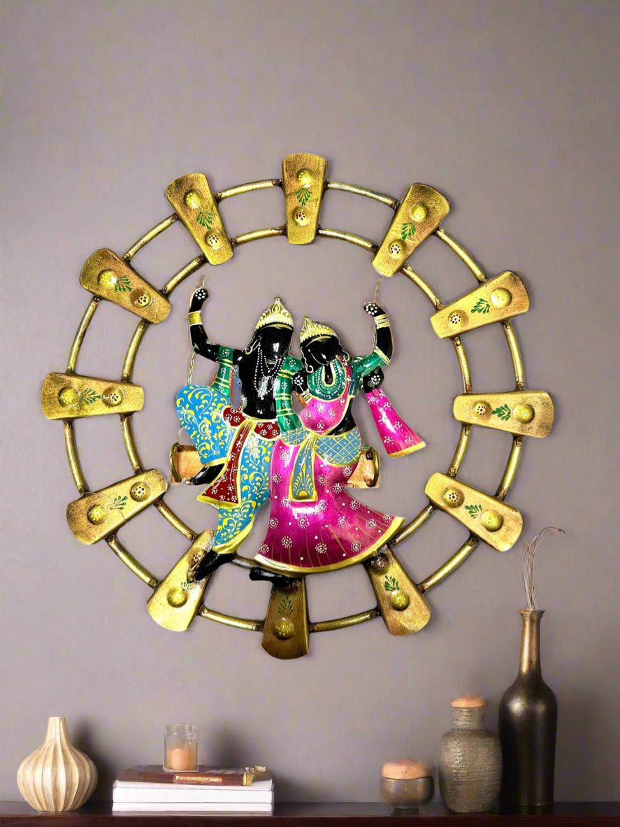 Radha Krishna Jhula Swing In Attractive Shades Round Metal Wall Art By Tamrapatra