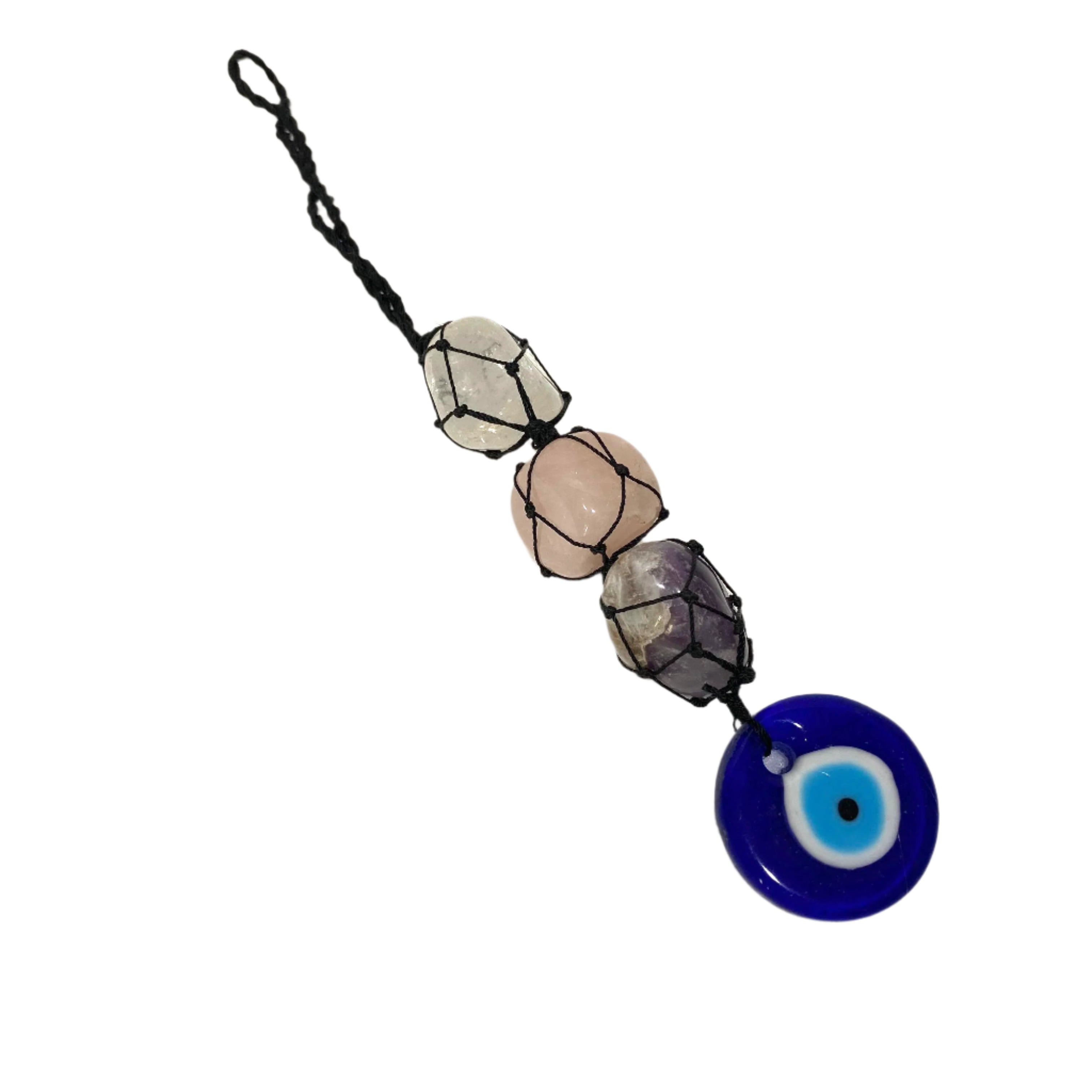 Beaded charm with a blue evil eye pendant on a white background
