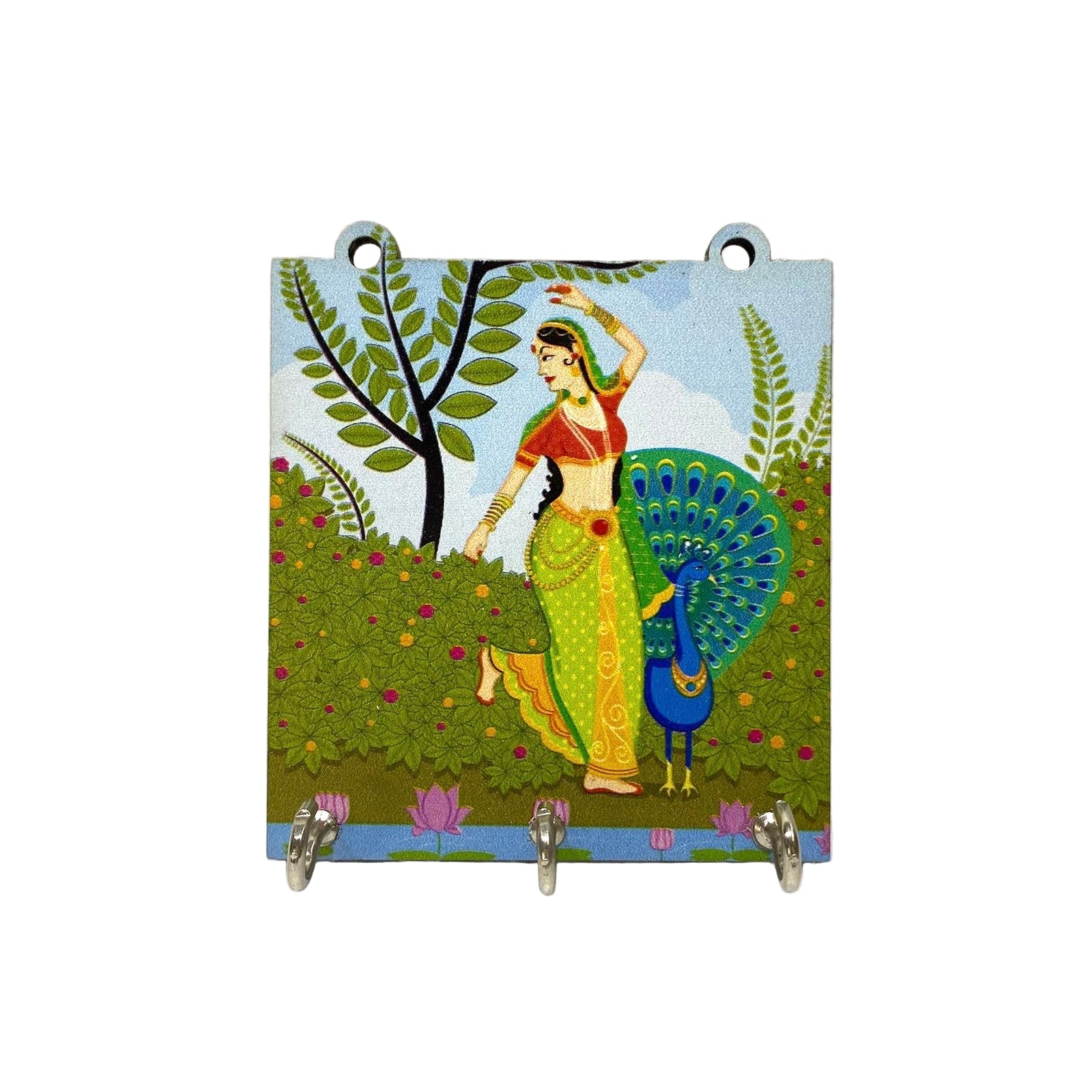 Decorative key holder with a woman and peacock design on a white background