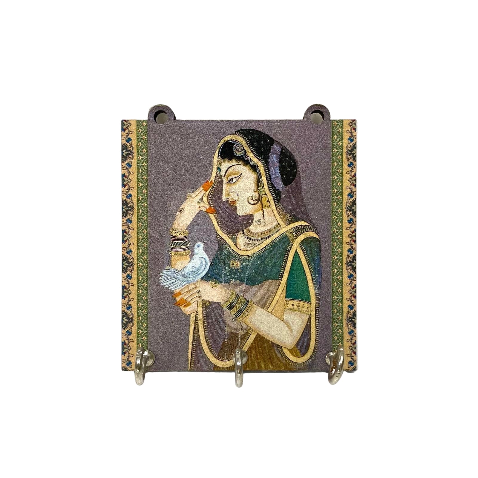 Decorative key holder with an artistic depiction of a woman holding a dove on a textured white background