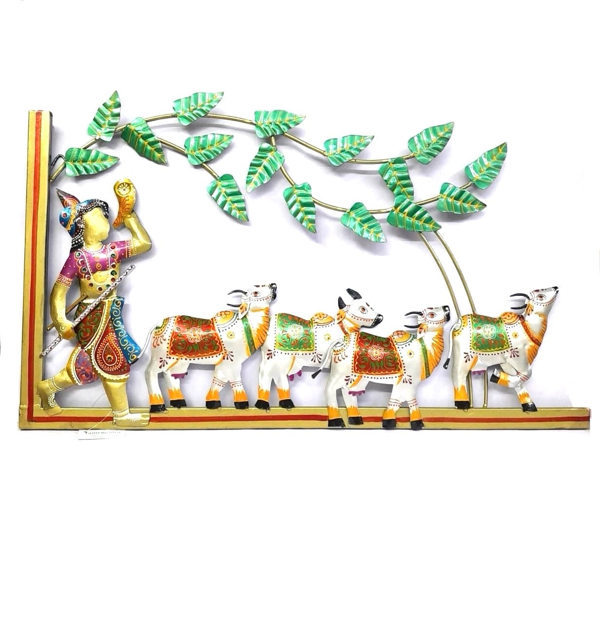 Splendid Krishna Under Tree With Cow Spiritual Metal Wall Décor From Tamrapatra