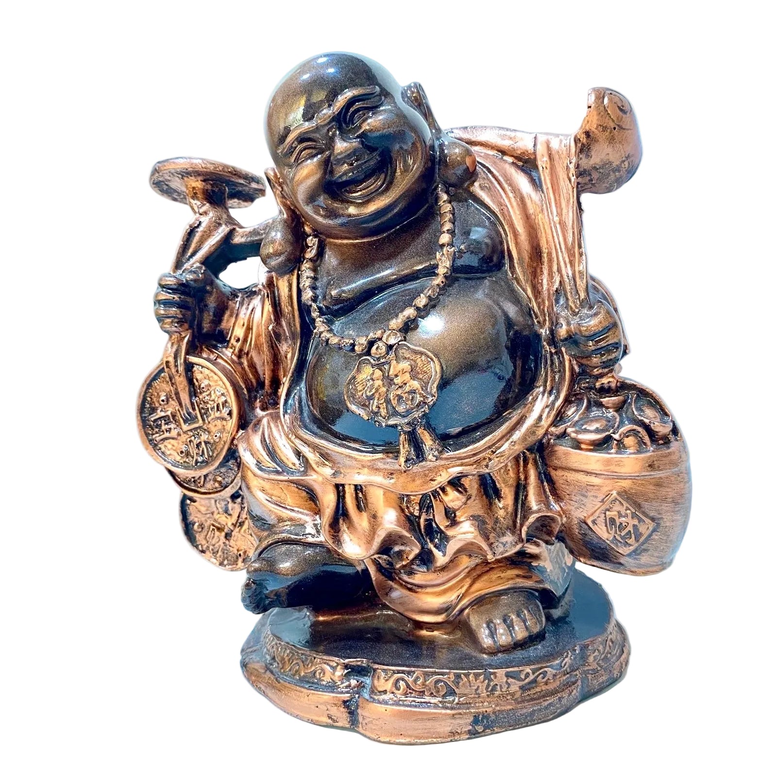 Bronze laughing Buddha statue holding coins on a white surface