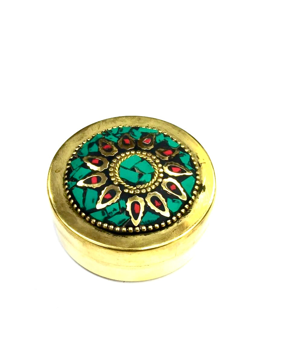 Brass Gemstone Art Dibbi For Storage Of Jewelry Gifting Handcrafted Tamrapatra