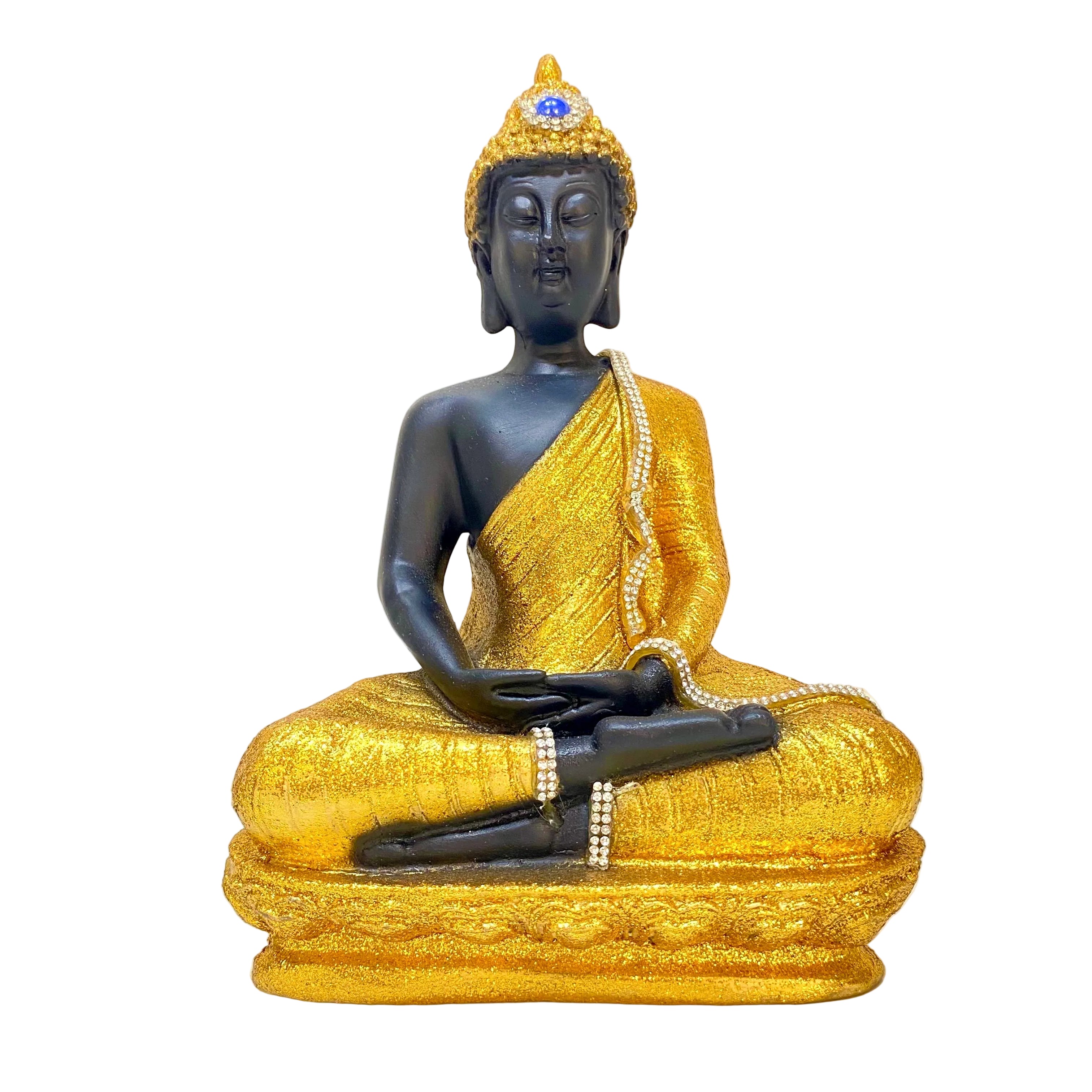 Statue of a seated figure in gold and black attire on a white background