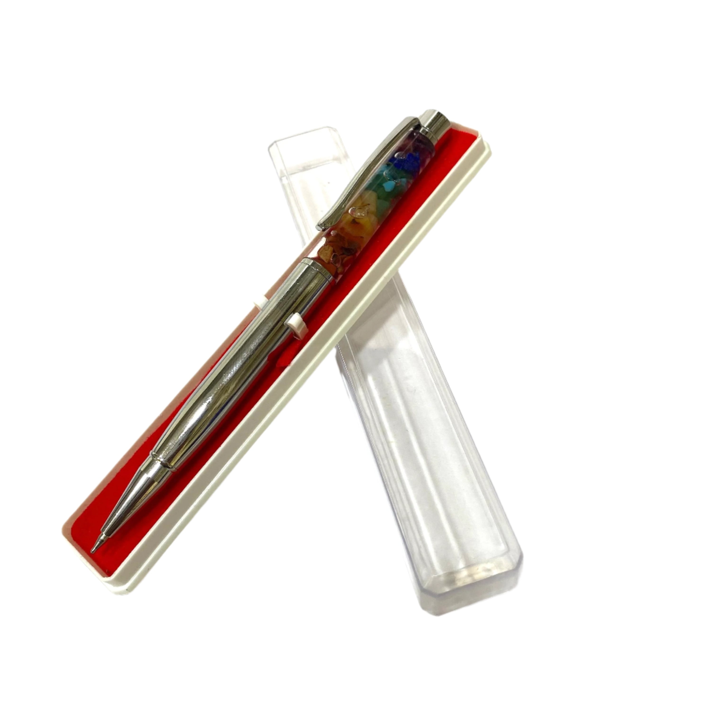 Pen with a multicolored cap in a clear pen holder on a white background