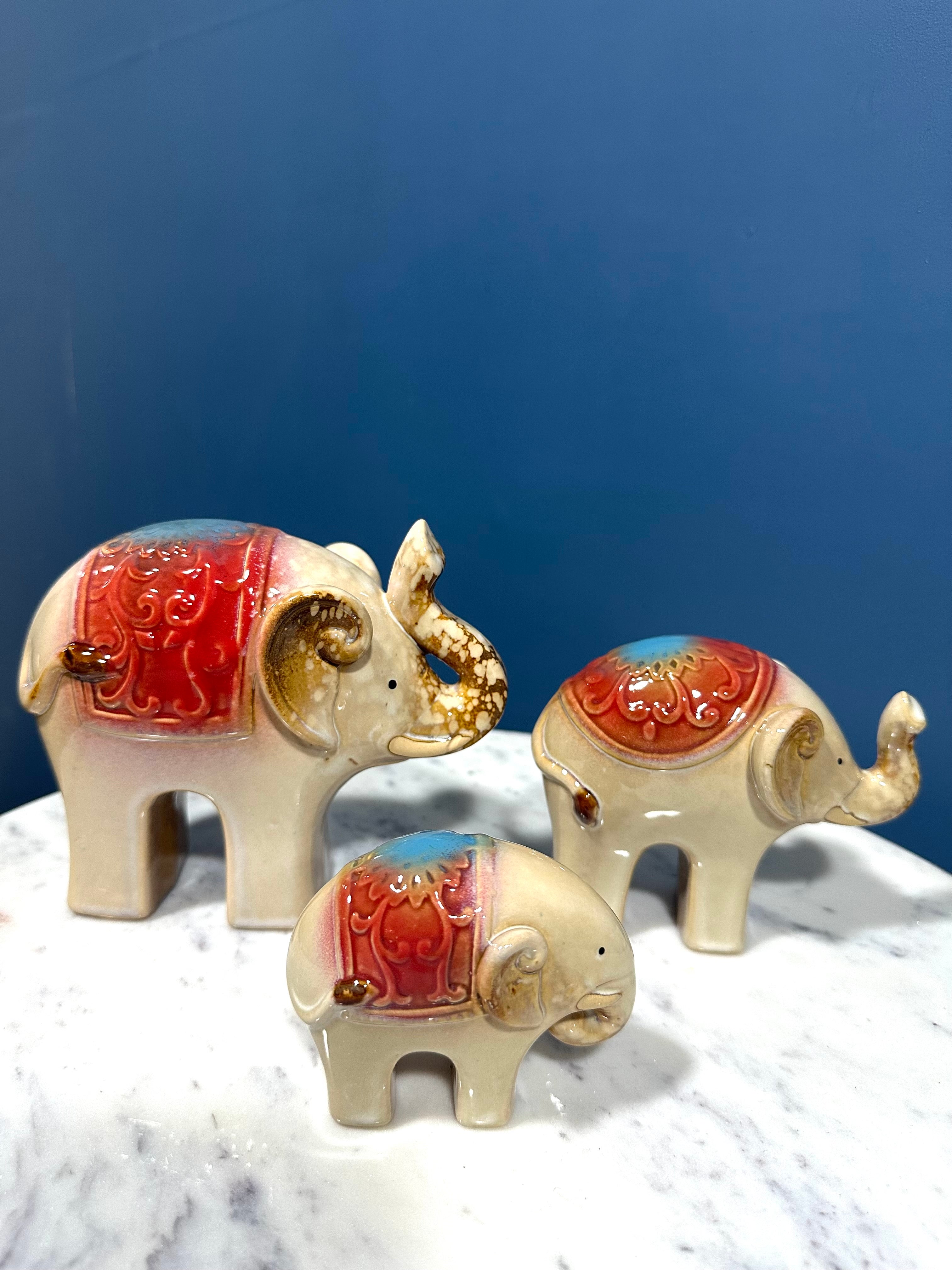 Ceramic New Hand Painted Elephants Owl Unique Set Of 3 Showcase By Tamrapatra