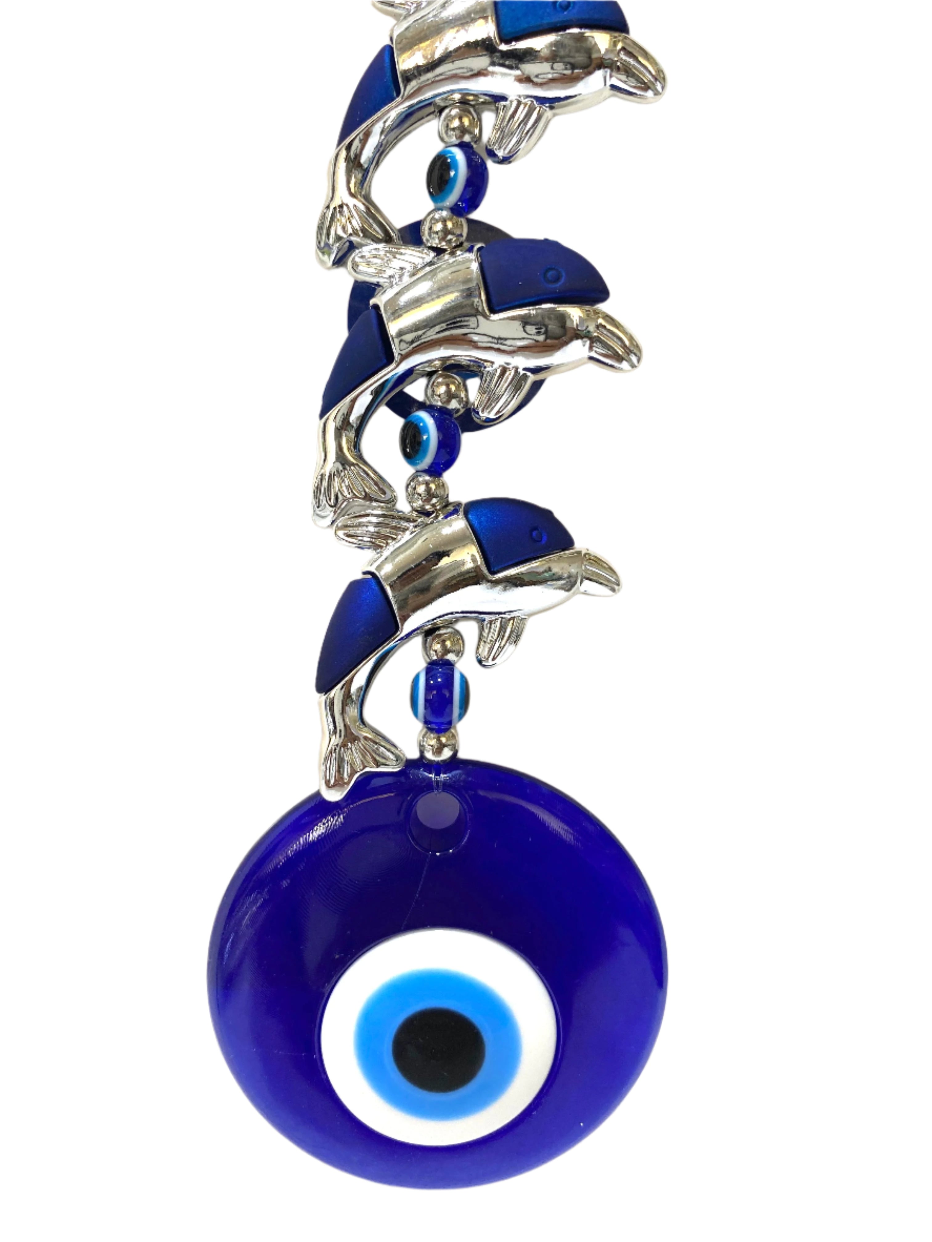 Blue evil eye pendant with silver accents on a white background
