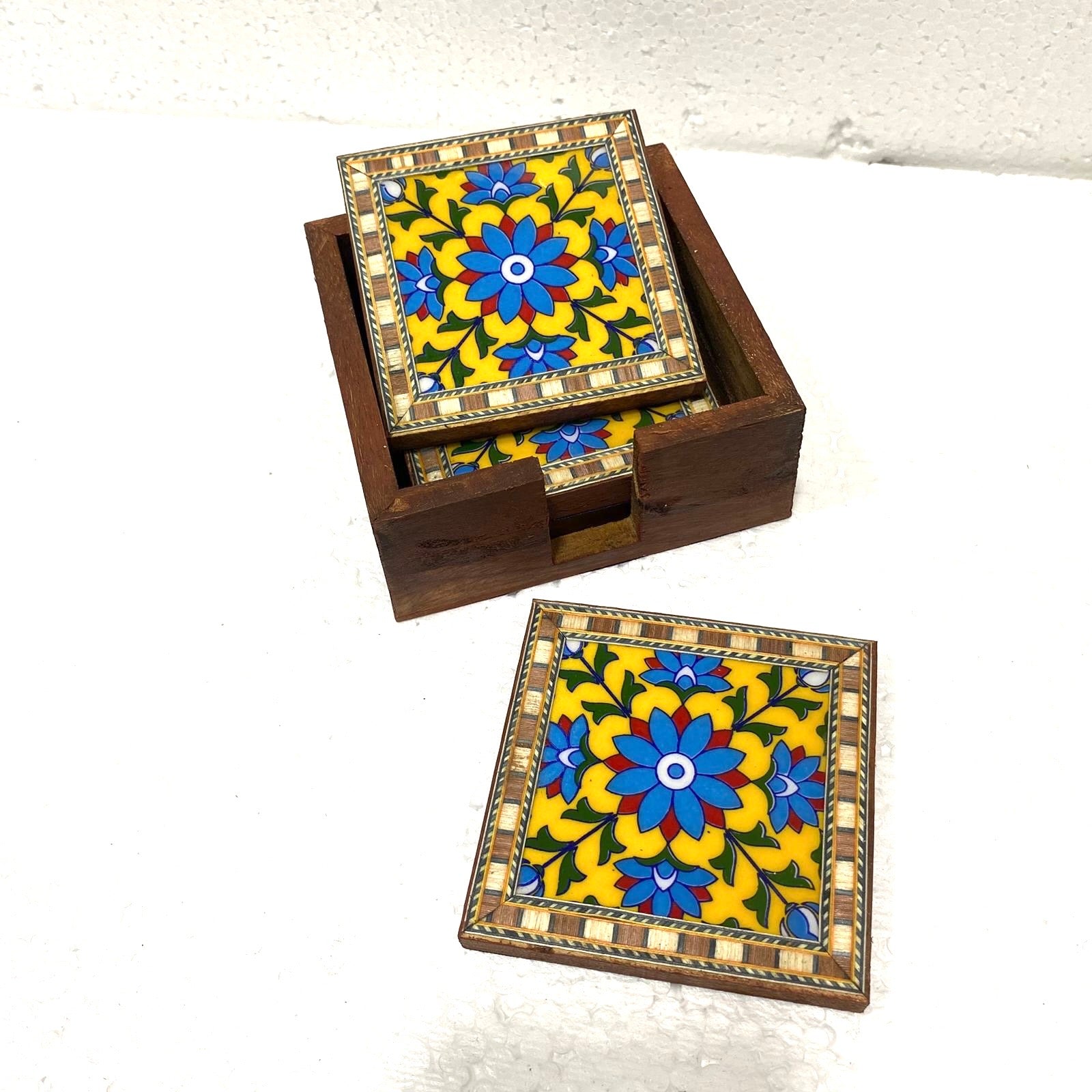Blue Pottery Tile Fitted Tea Coaster Made With Wood Tableware Tamrapatra
