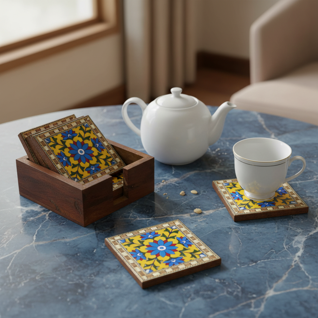 Blue Pottery Tile Fitted Tea Coaster Made With Wood Tableware Crafts By Tamrapatra