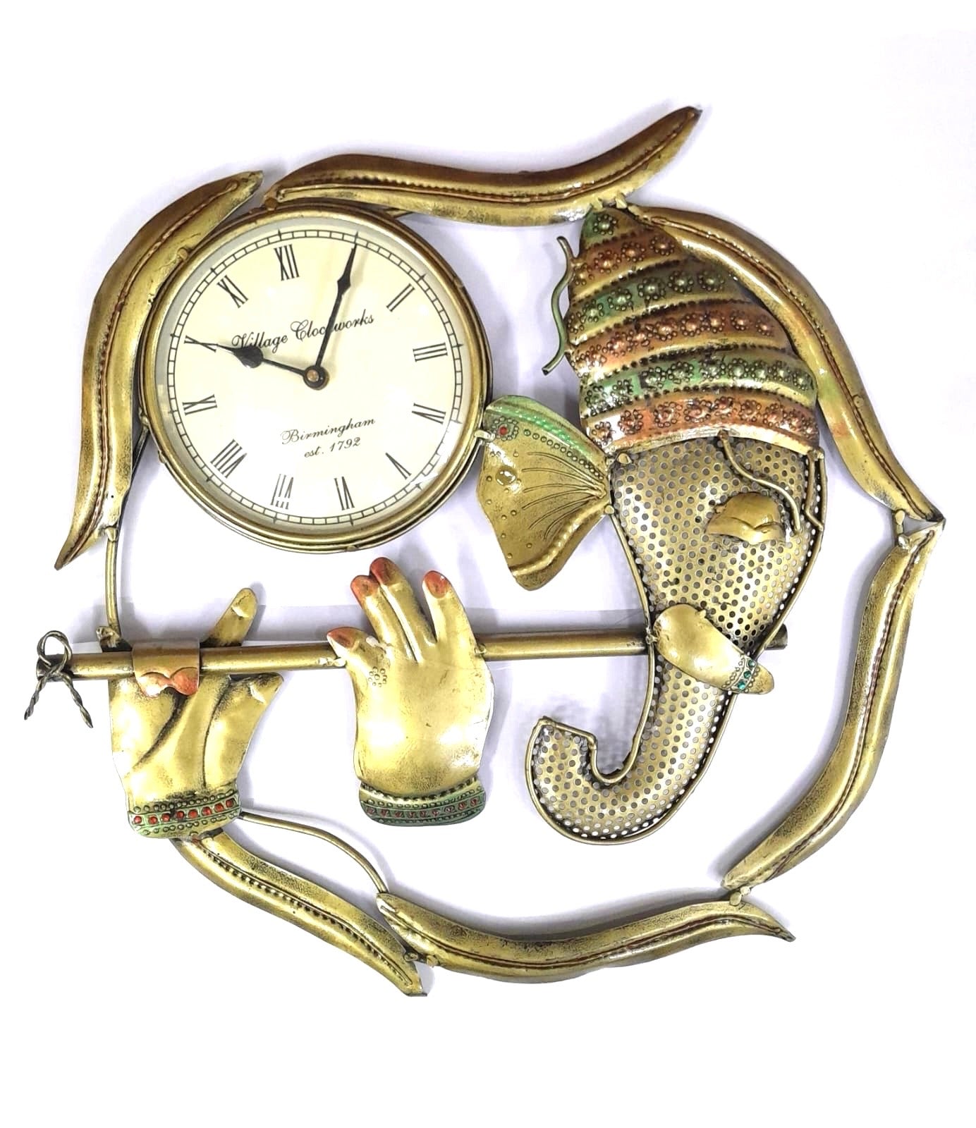 Metal Artwork Of Krishna Ganesh With Clock Wall Décor Utility By Tamrapatra