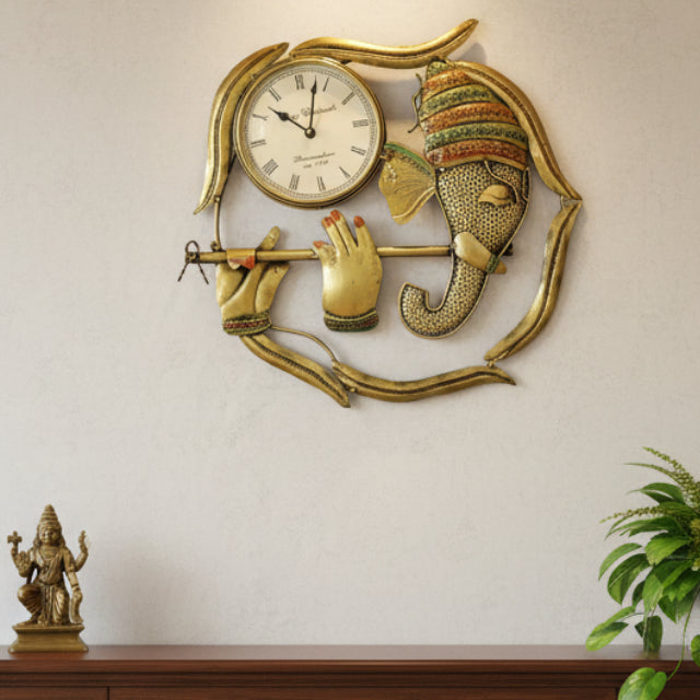 Metal Artwork Of Krishna Ganesh With Clock Wall Décor Utility By Tamrapatra - Tamrapatra