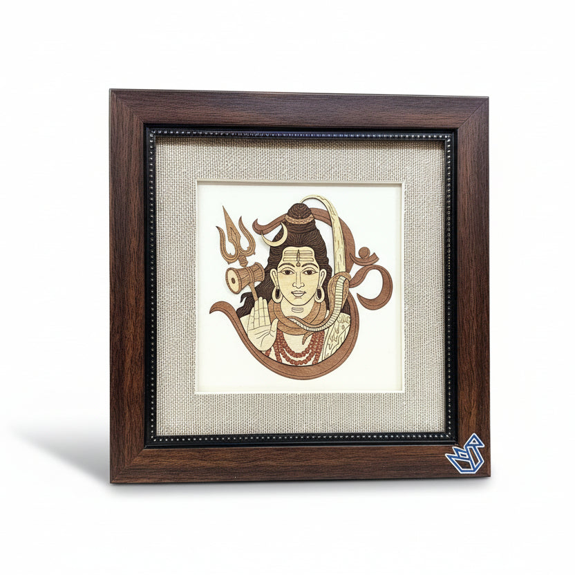 Framed artwork of a deity with a trident on a textured red background