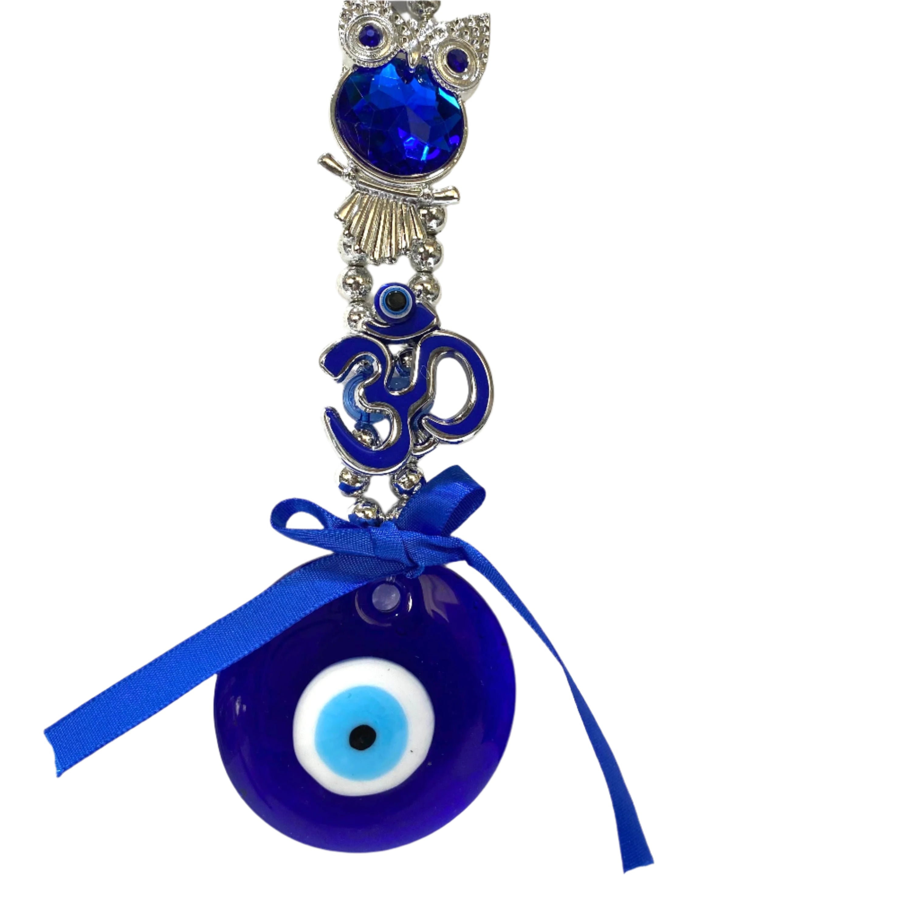 Blue evil eye pendant with a ribbon on a textured white background