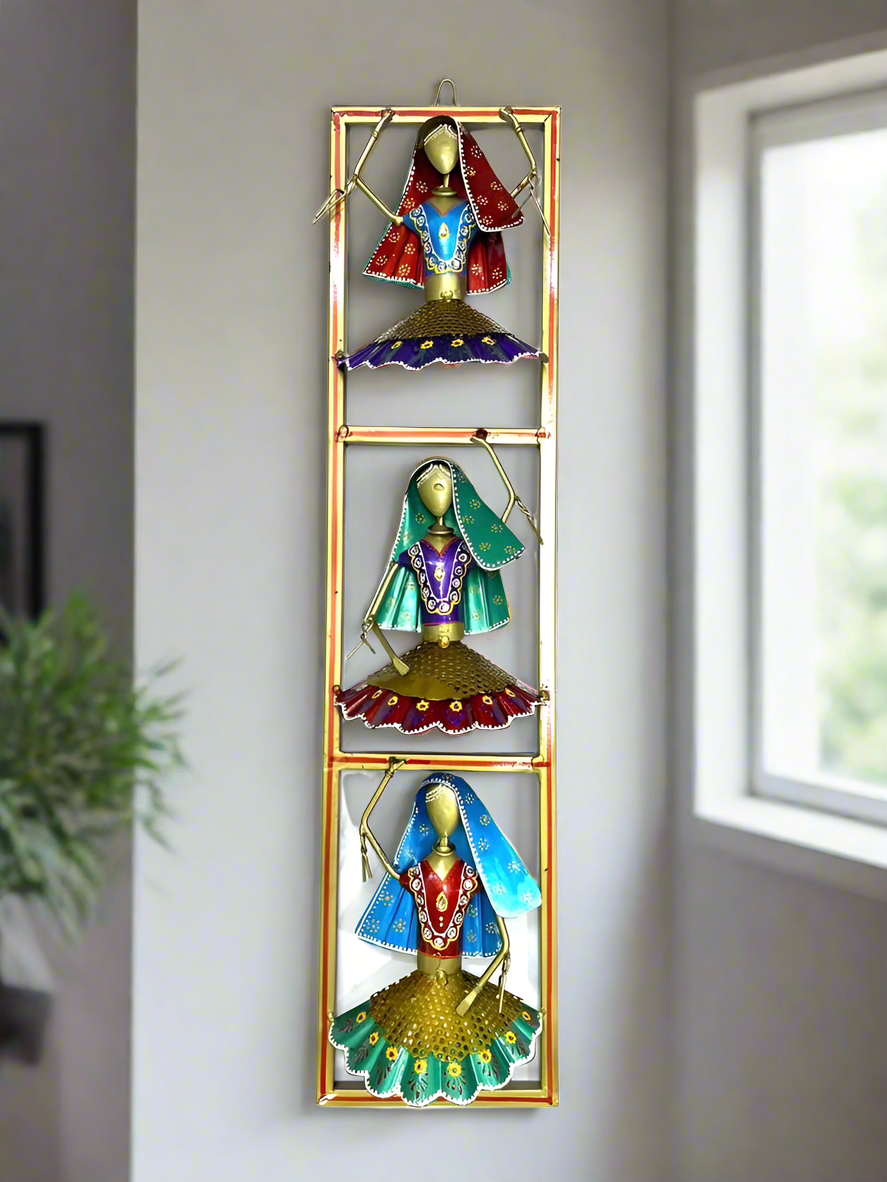 3 Dancing Dolls In Vertical Metal Frame Exclusive Wall Art Ethnic By Tamrapatra