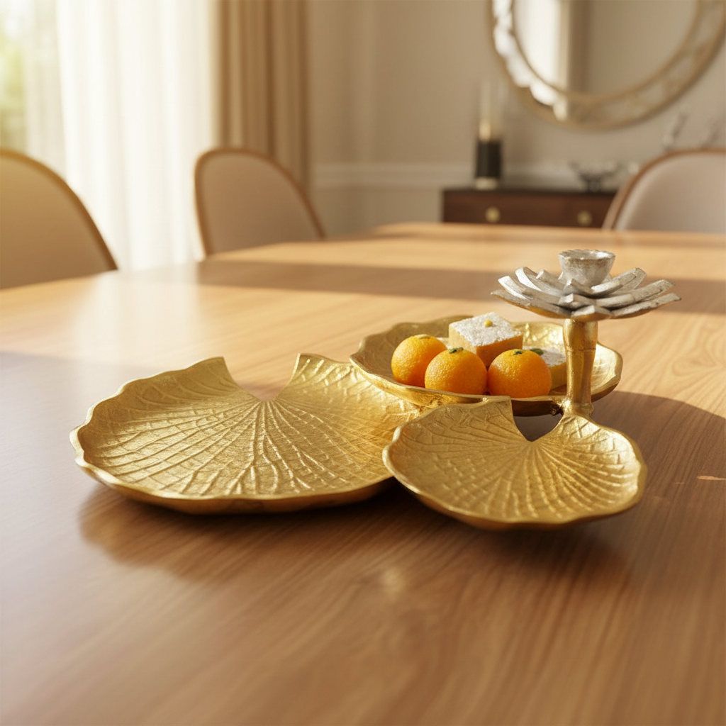 Metal Leaf Platters Lotus Spiral Designs With Flower Serving Ideas By Tamrapatra