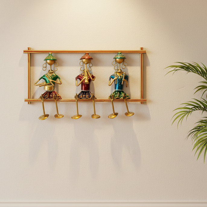 Metal Craft Excellence In Sitting Lady Musicians On Frame Art By Tamrapatra - Tamrapatra