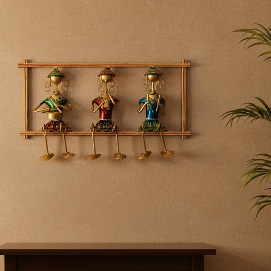 Metal Craft Excellence In Sitting Lady Musicians On Frame Art By Tamrapatra