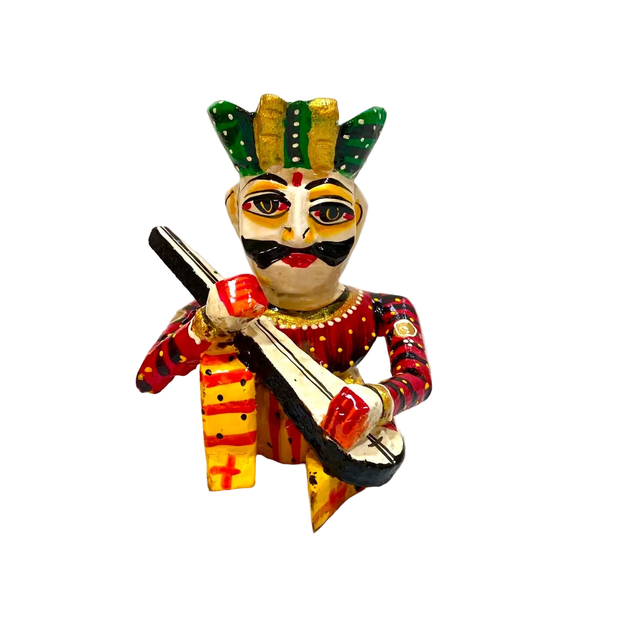 A hand-painted wooden folk art figurine of a musician playing a stringed instrument, featuring a yellow face with a black mustache, red clothing, and a green and gold headdress, set against a plain white background.